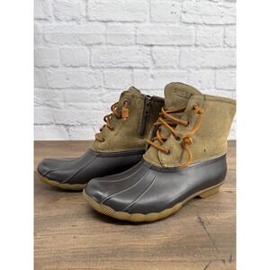 Sperry Saltwater Duck Boots 8.5 Olive Canvas Fleece Lined Rain Hiking Preppy